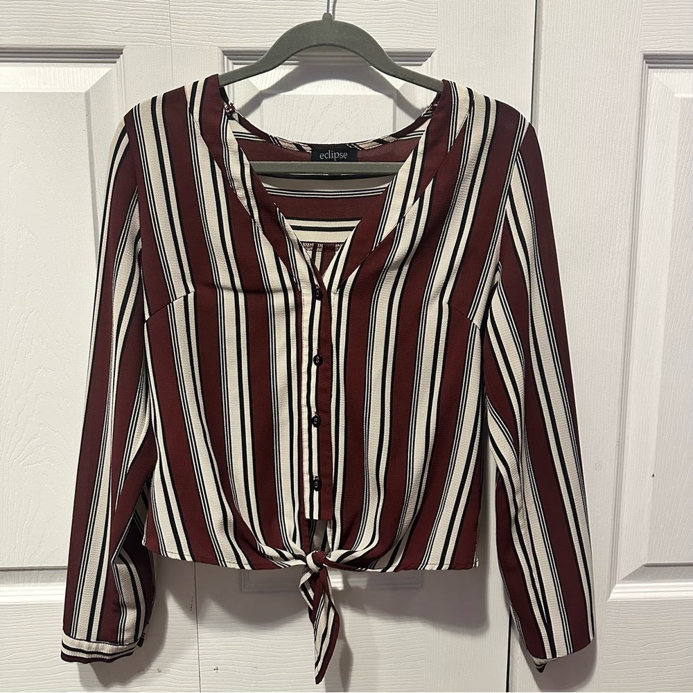 Eclipse Women's Burgundy and White Striped Button Down Shirt